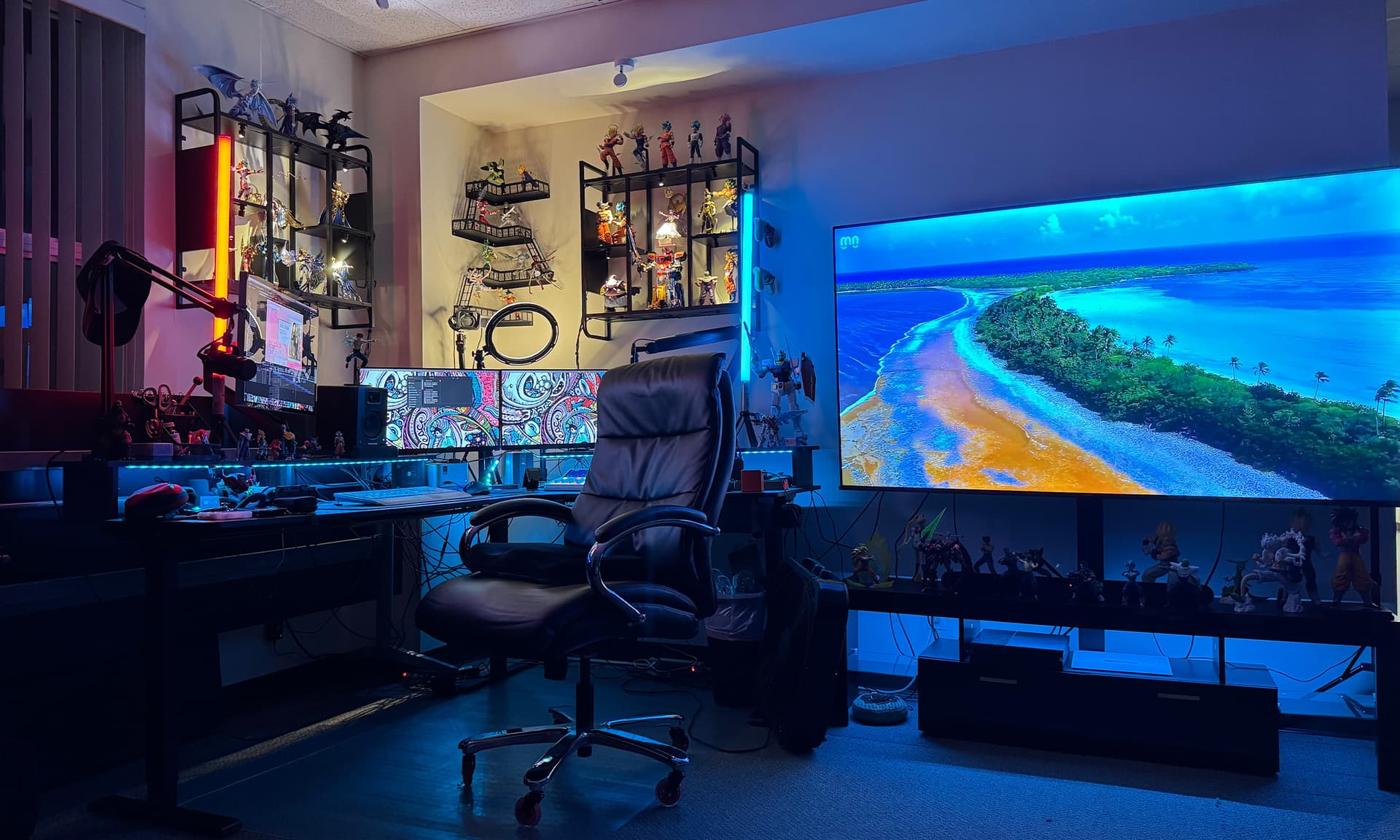 Production control room with monitors and editing setup