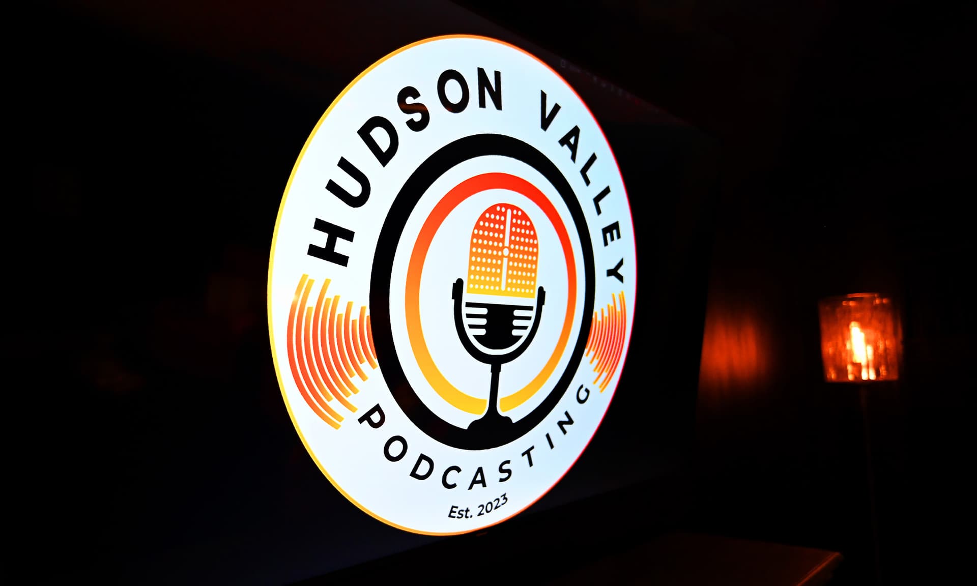 Hudson Valley Podcasting illuminated logo sign