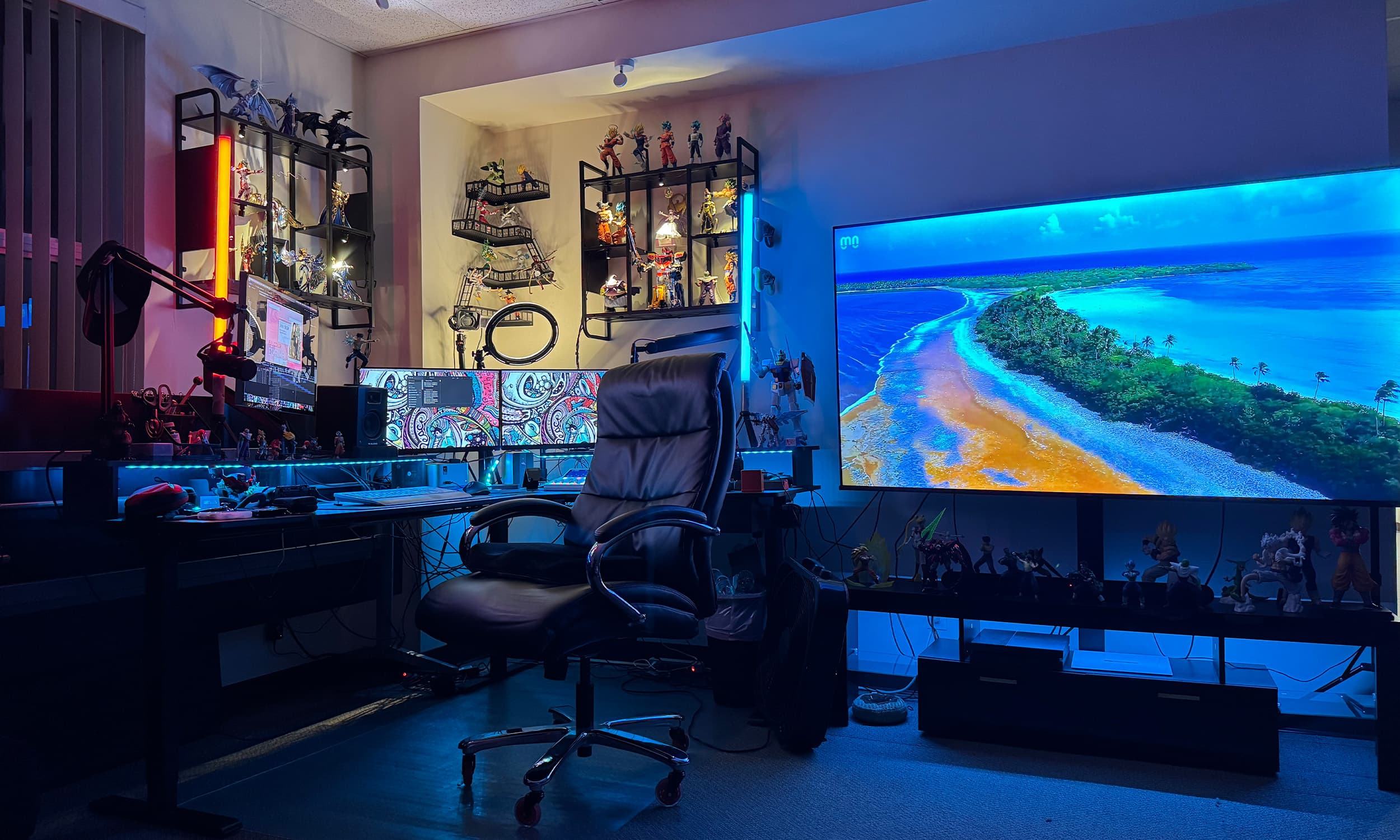 Production control room with monitors and editing setup