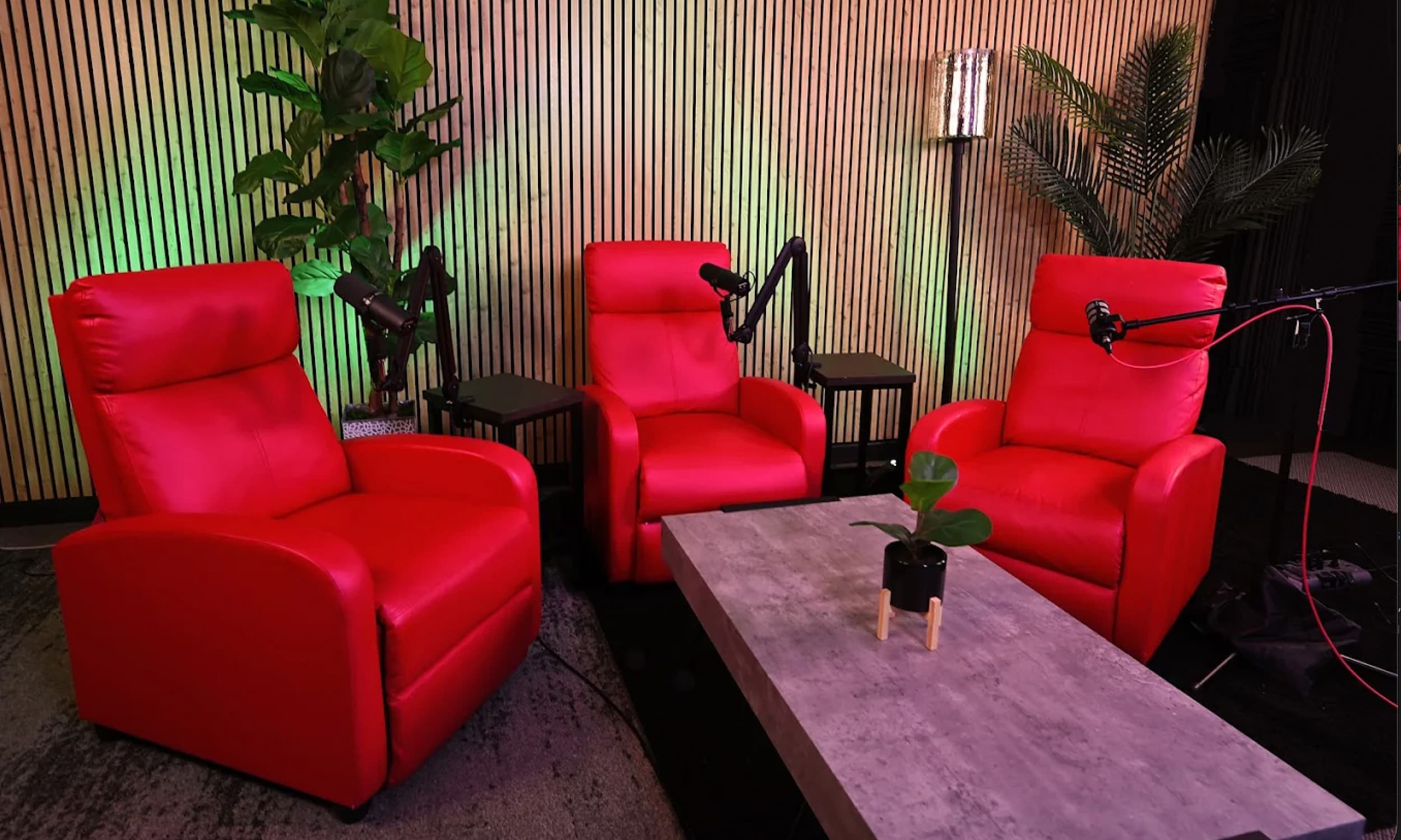 Red lounge chair set with professional studio lighting